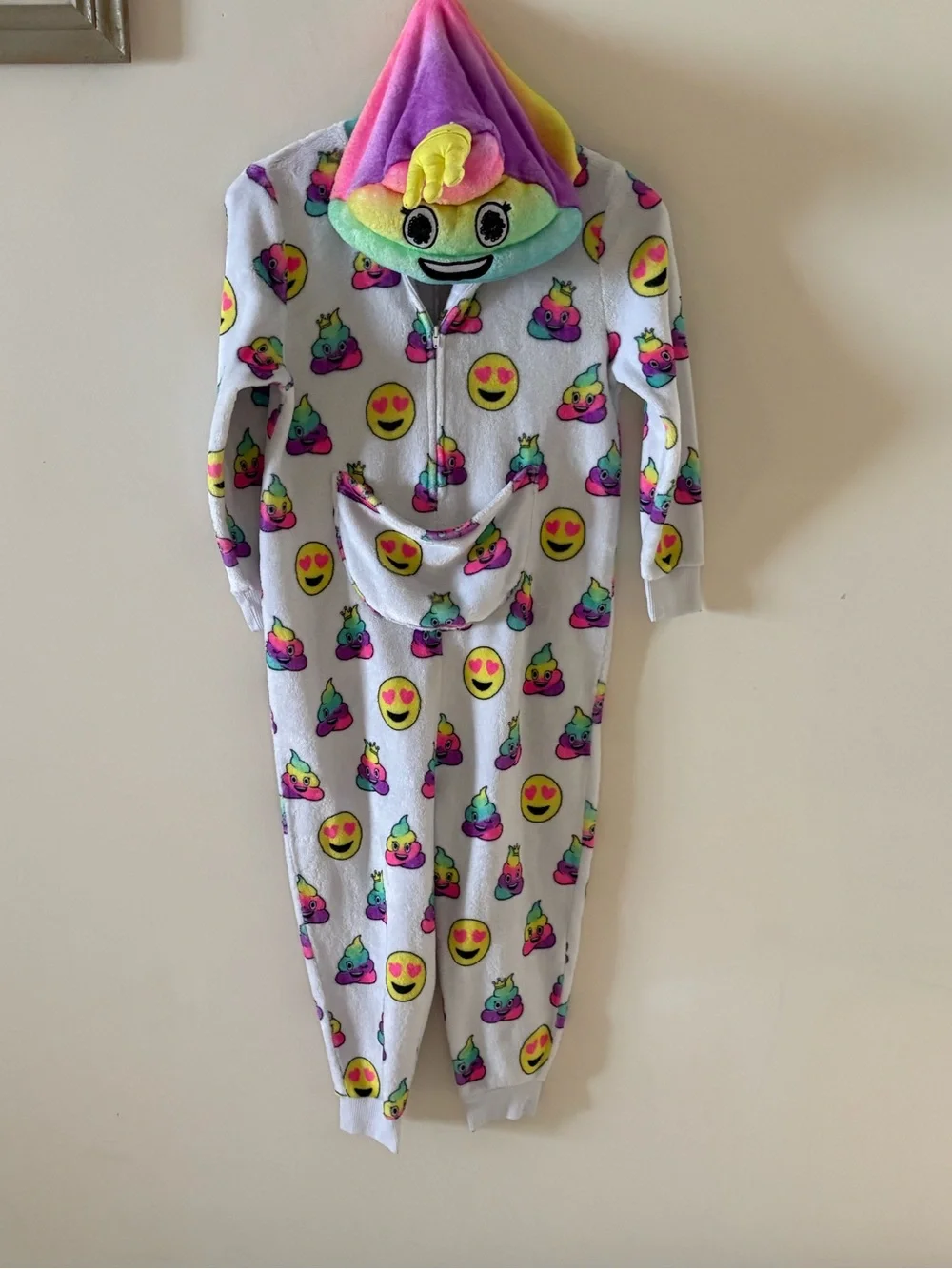 Rainbow Emoji Fleece One-Piece  with Hood.  Soft and comfortable.